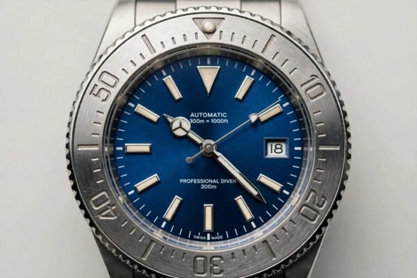 Watch bezel: close-up of a rotating dive watch bezel with minute markings