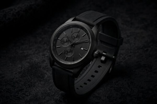 Black colour watch for man with a black dial and black strap on a dark background
