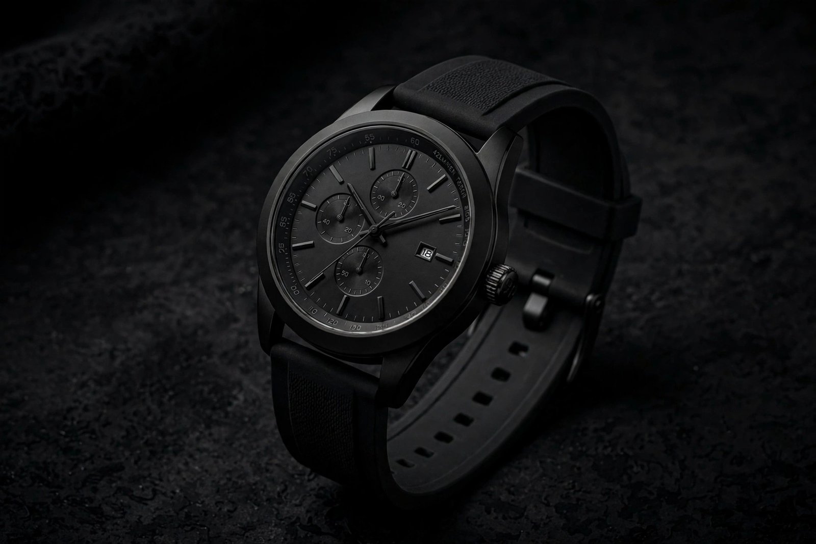 Black colour watch for man with a black dial and black strap on a dark background