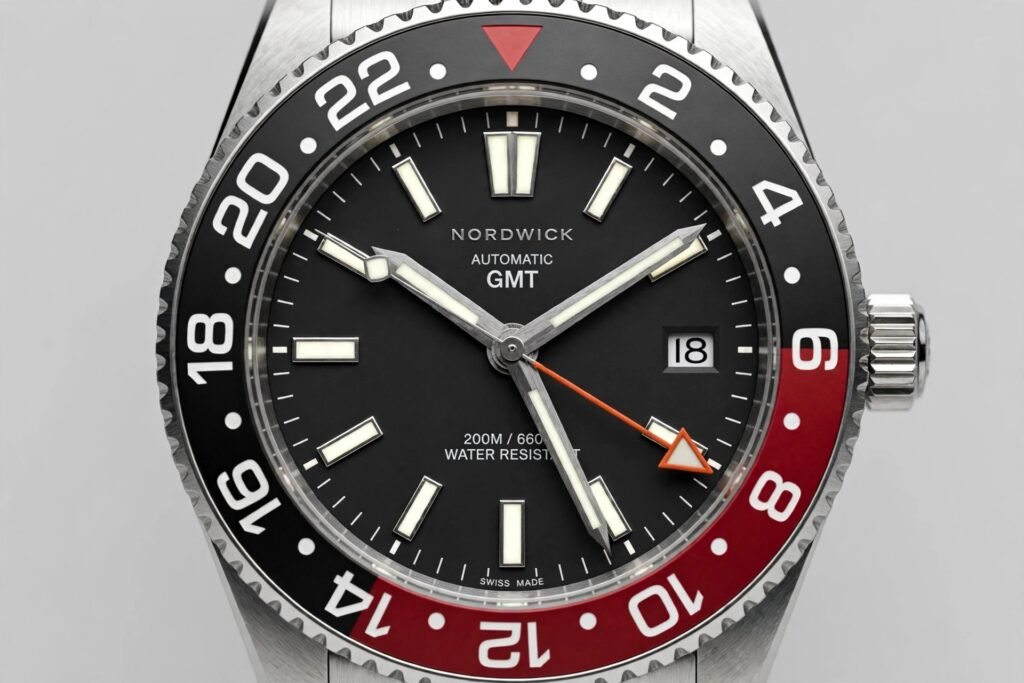GMT watch with 24-hour bezel and GMT hand showing a second time zone