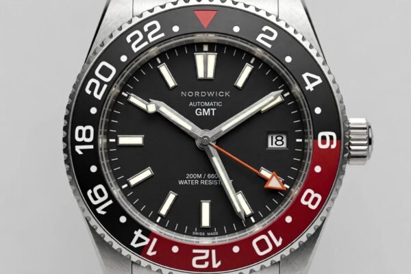GMT watch with 24-hour bezel and GMT hand showing a second time zone