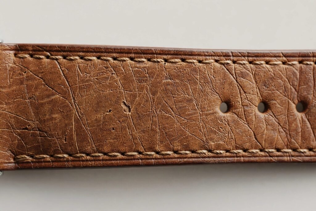 Leather watch strap close-up showing texture and stitching