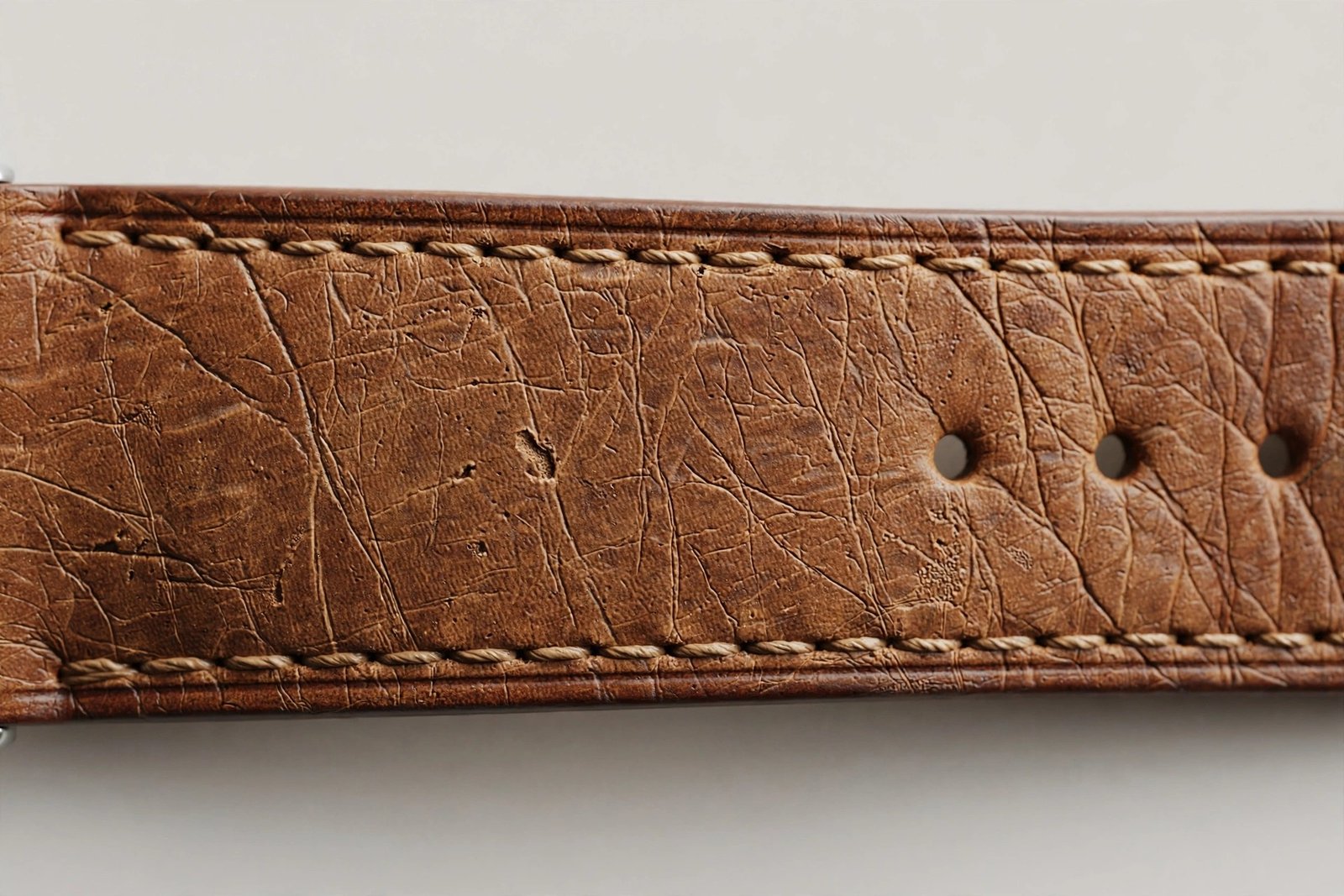 Leather watch strap close-up showing texture and stitching