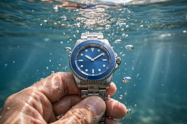 Watch water resistance ratings explained: steel dive watch with blue dial held underwater