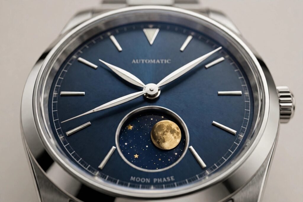 Watches with a moon phase showing the moon against a starry dial