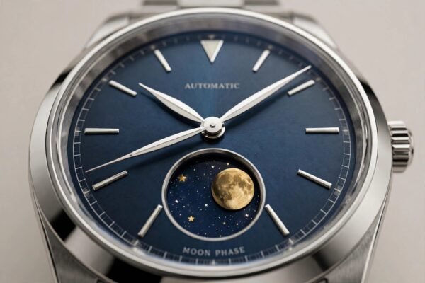 Watches with a moon phase showing the moon against a starry dial